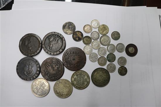 A group of UK silver and bronze coins George III to George VI including an 1844 crown, edge knocks otherwise GVF, 1888 florin, two